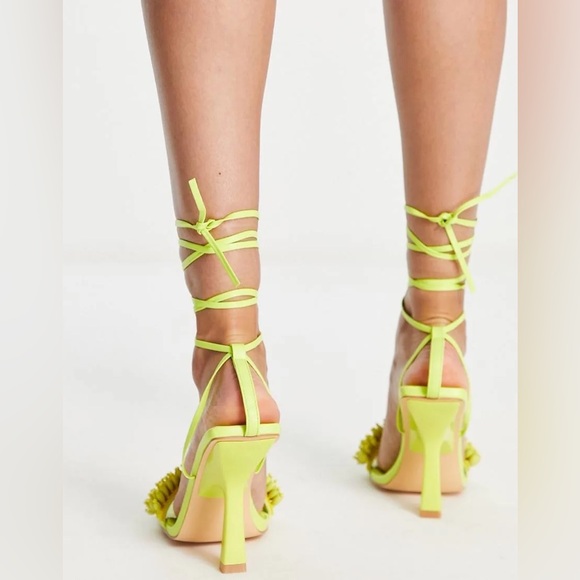 Topshop Riley Beaded Trim Heeled Sandal with Ankle Tie in Lime-Yellow - Picture 3 of 5
